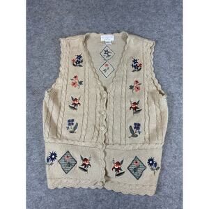 Vintage 90s Christopher & Bank Cardigan Womens S Cable Knit Flowers Gnomes Boho